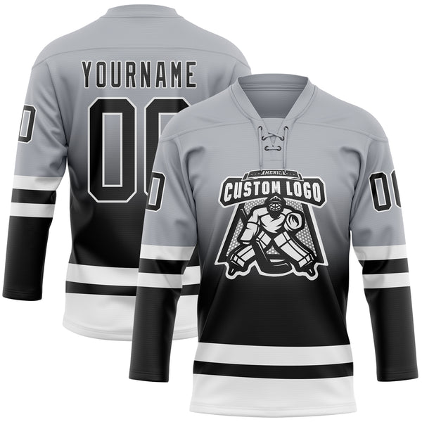 Custom Gray Black-White Fade Fashion Hockey Lace Neck Jersey
