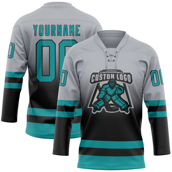 Custom Gray Teal-Black Fade Fashion Hockey Lace Neck Jersey