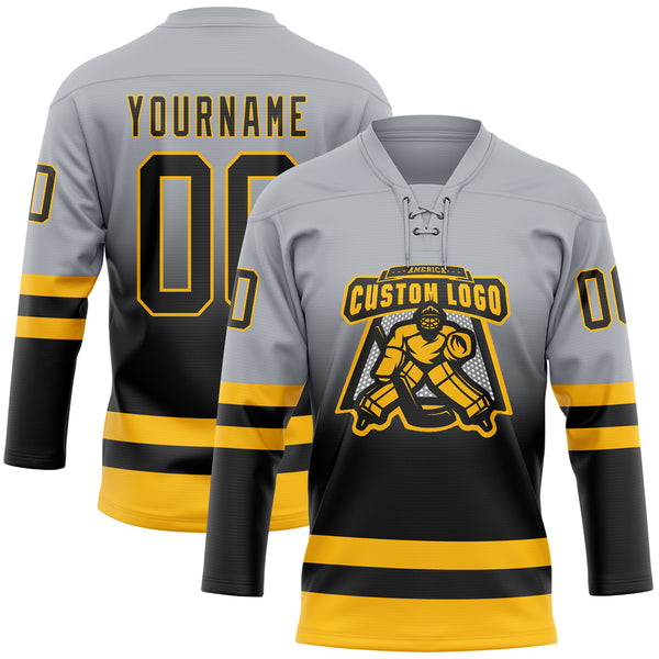 Custom Gray Black-Gold Fade Fashion Hockey Lace Neck Jersey