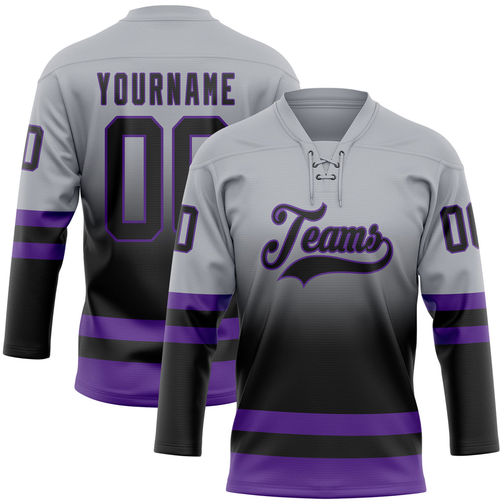 Custom Gray Black-Purple Fade Fashion Hockey Lace Neck Jersey