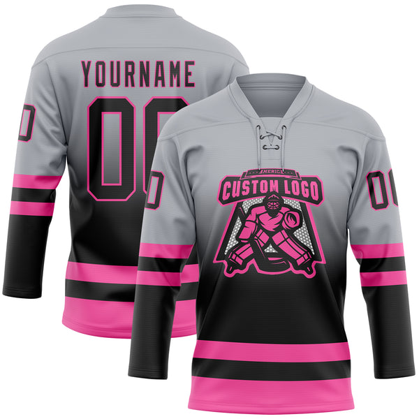 Custom Gray Black-Pink Fade Fashion Hockey Lace Neck Jersey