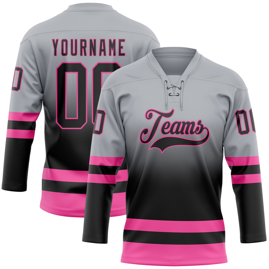 Custom Gray Black-Pink Fade Fashion Hockey Lace Neck Jersey
