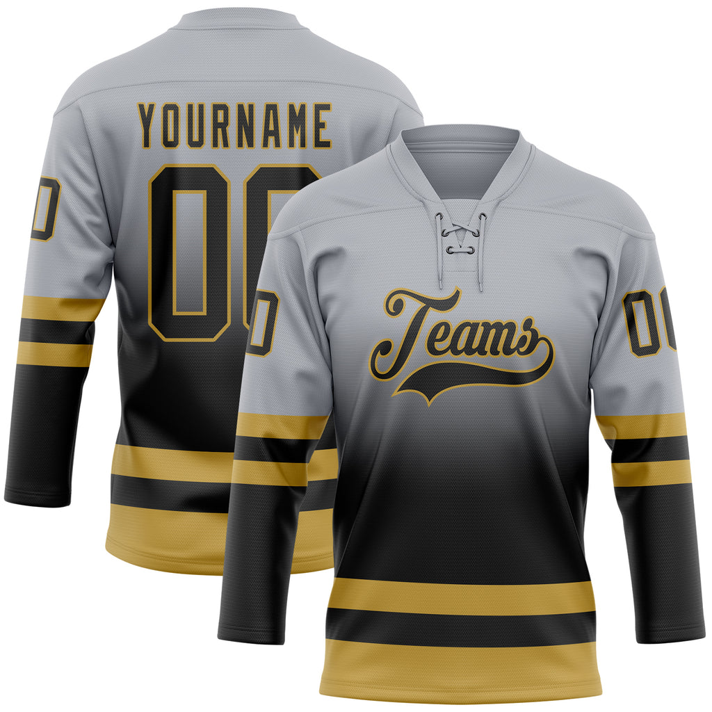 Custom Gray Black-Old Gold Fade Fashion Hockey Lace Neck Jersey