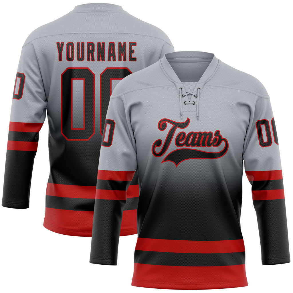 Custom Gray Black-Red Fade Fashion Hockey Lace Neck Jersey