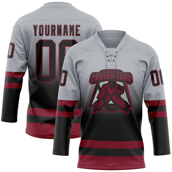 Custom Gray Black-Crimson Fade Fashion Hockey Lace Neck Jersey