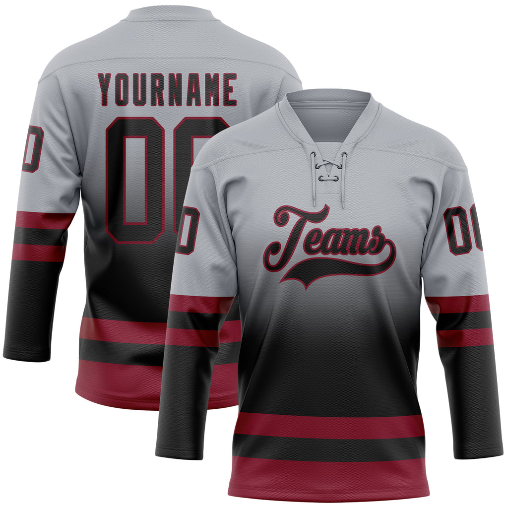 Custom Gray Black-Crimson Fade Fashion Hockey Lace Neck Jersey