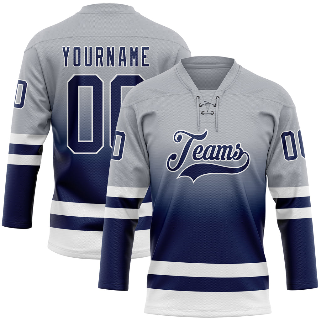 Custom Gray Navy-White Fade Fashion Hockey Lace Neck Jersey