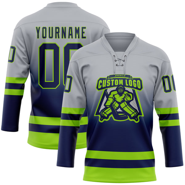 Custom Gray Navy-Neon Green Fade Fashion Hockey Lace Neck Jersey
