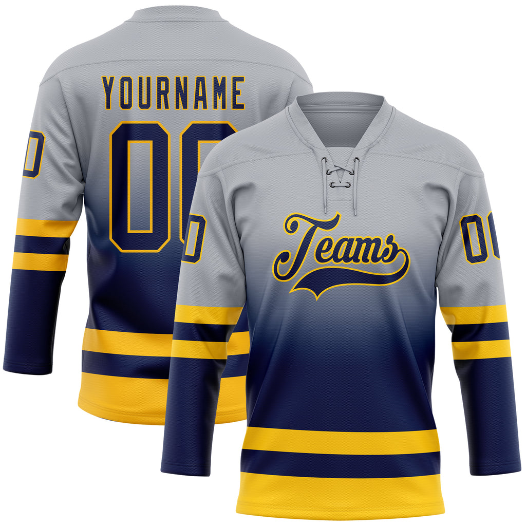 Custom Gray Navy-Gold Fade Fashion Hockey Lace Neck Jersey
