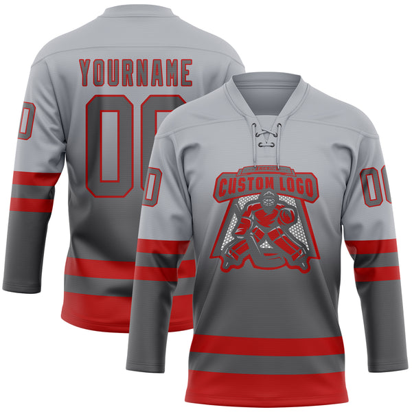 Custom Gray Steel Gray-Red Fade Fashion Hockey Lace Neck Jersey