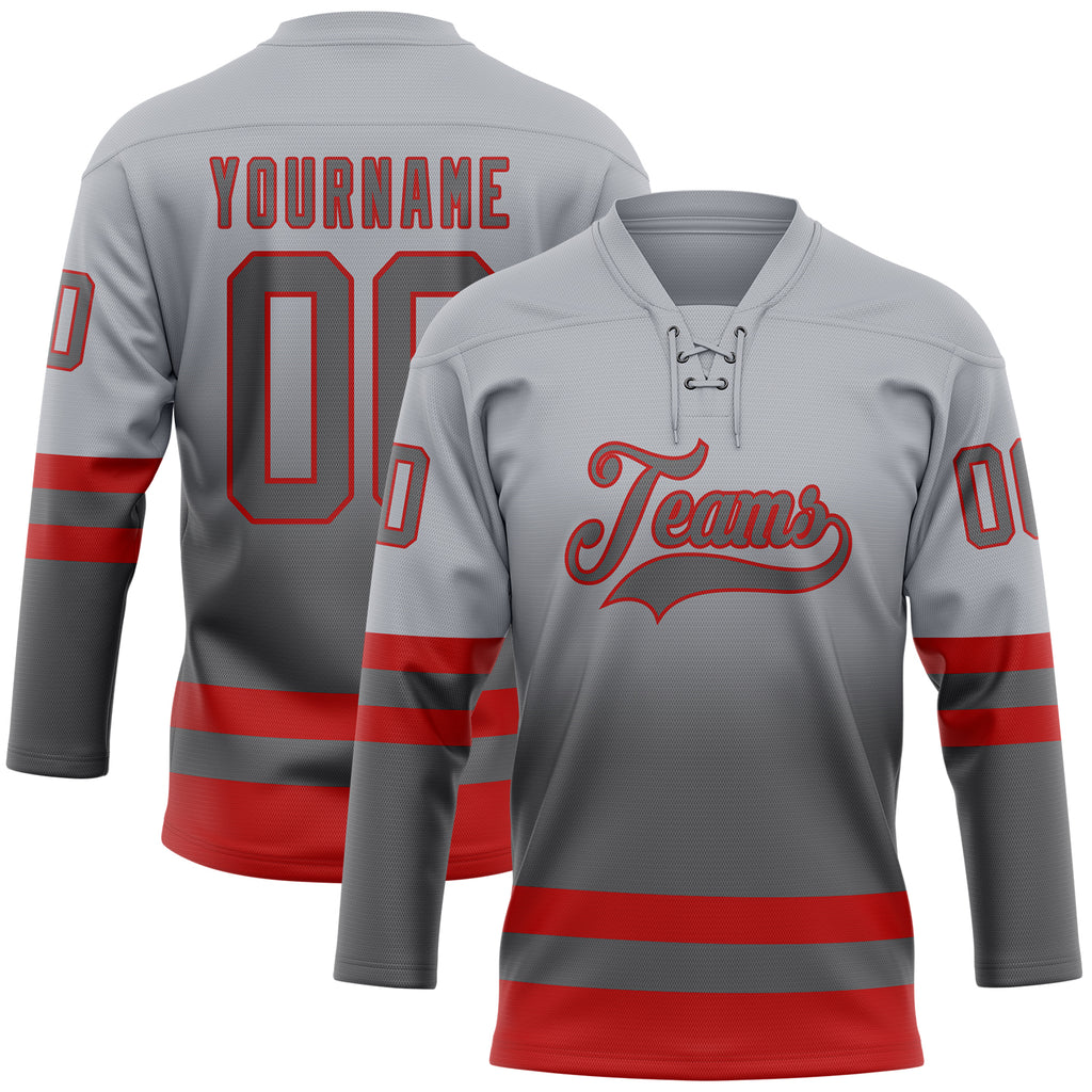 Custom Gray Steel Gray-Red Fade Fashion Hockey Lace Neck Jersey