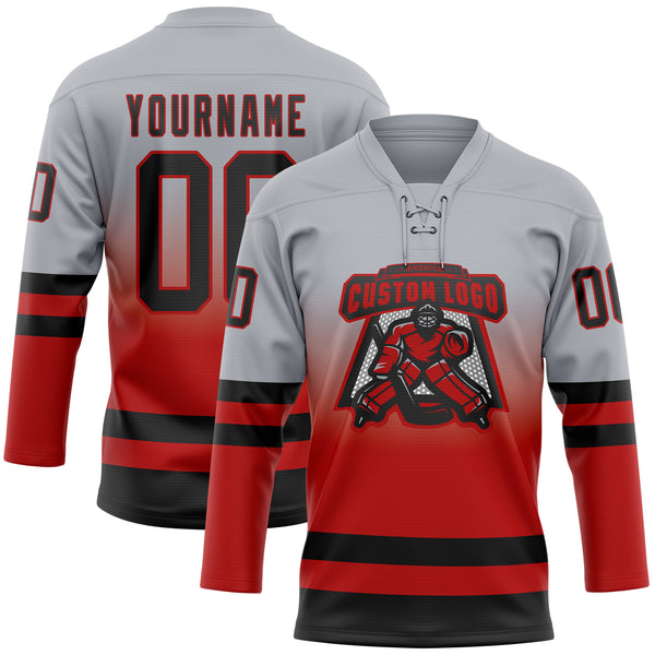 Custom Gray Black-Red Fade Fashion Hockey Lace Neck Jersey