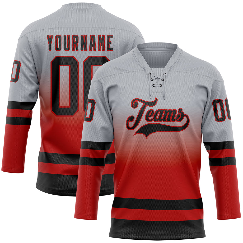 Custom Gray Black-Red Fade Fashion Hockey Lace Neck Jersey