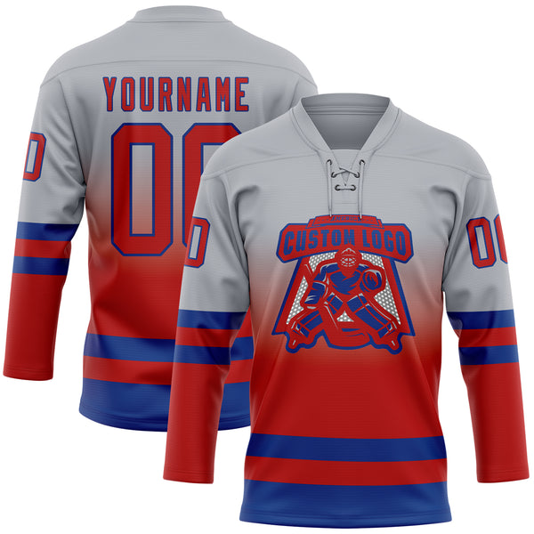 Custom Gray Red-Royal Fade Fashion Hockey Lace Neck Jersey