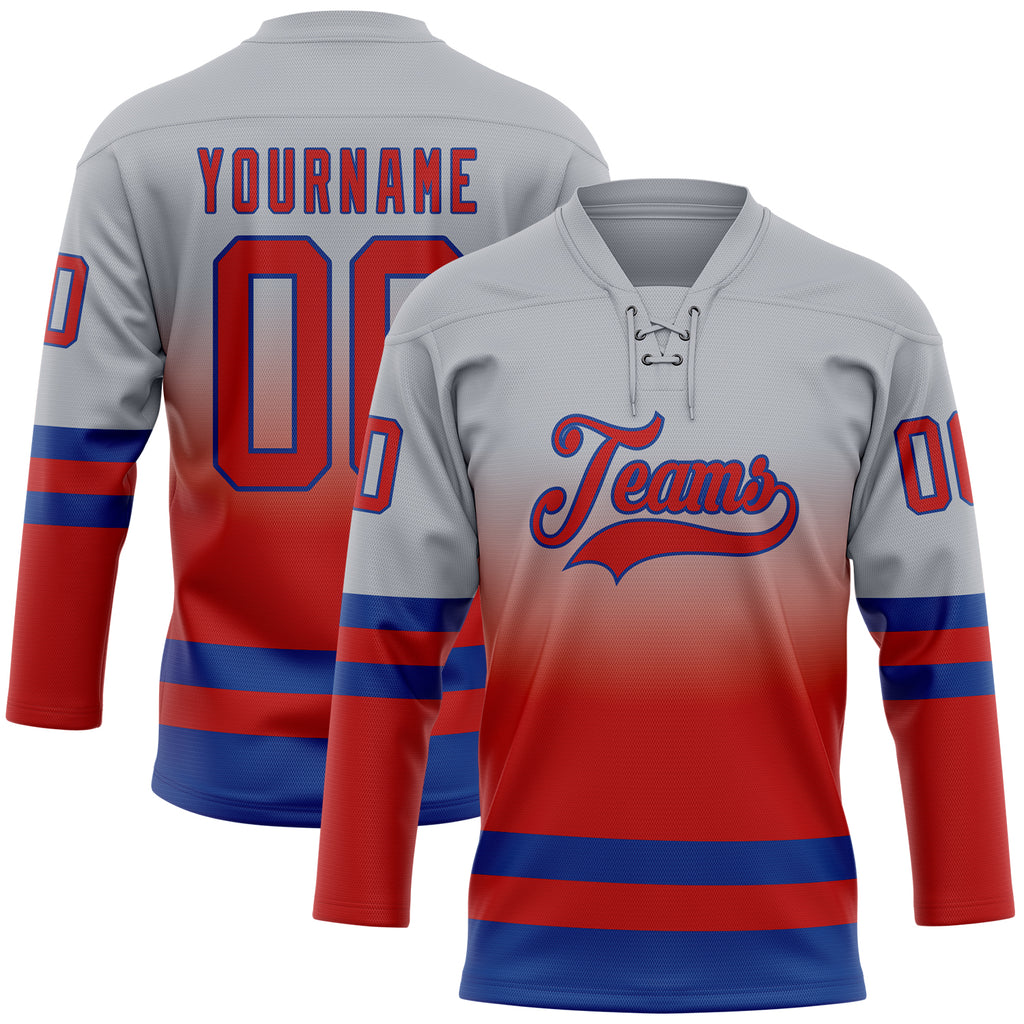 Custom Gray Red-Royal Fade Fashion Hockey Lace Neck Jersey