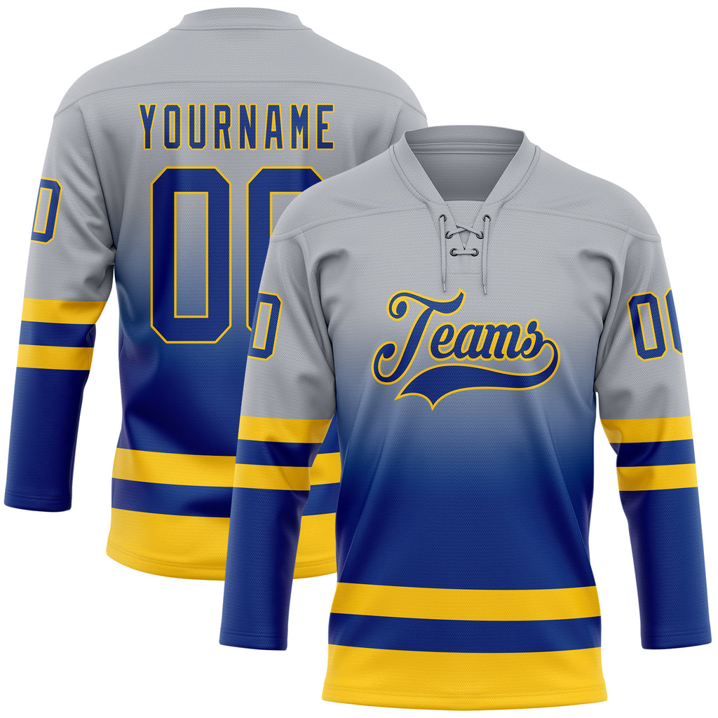 Custom Gray Royal-Yellow Fade Fashion Hockey Lace Neck Jersey
