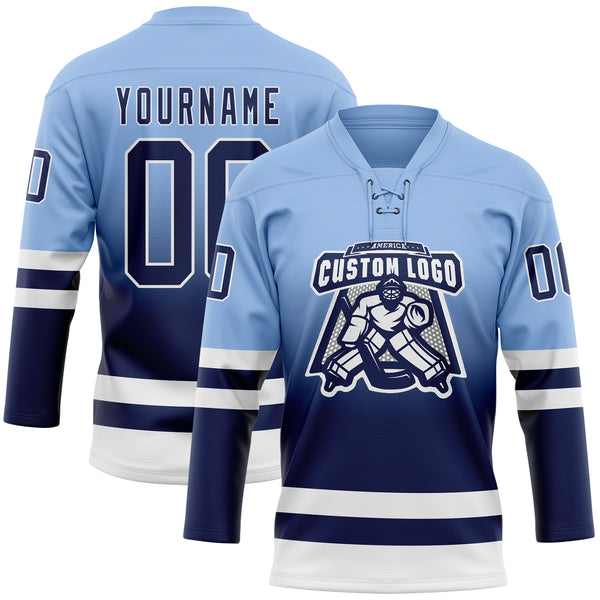 Custom Light Blue Navy-White Fade Fashion Hockey Lace Neck Jersey