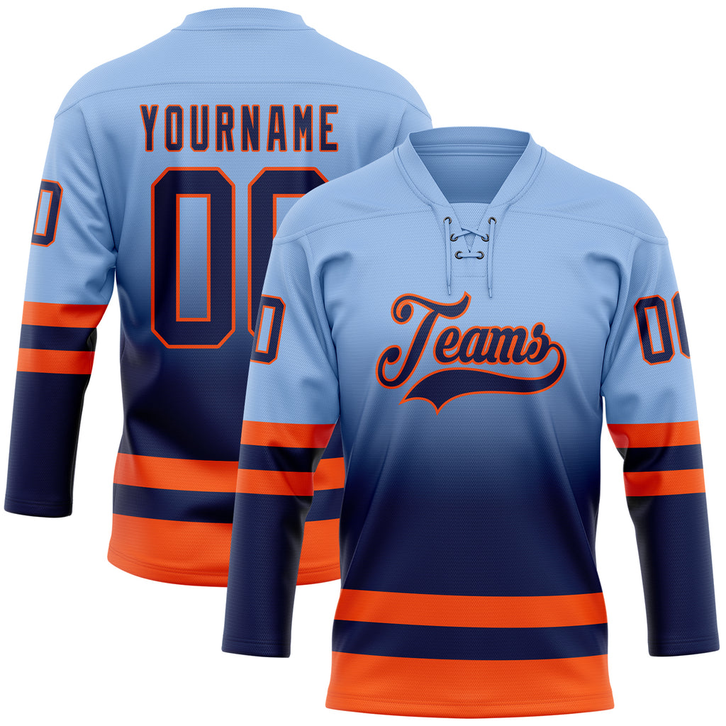 Custom Light Blue Navy-Orange Fade Fashion Hockey Lace Neck Jersey