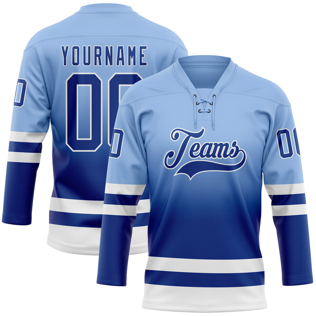 Custom Light Blue Royal-White Fade Fashion Hockey Lace Neck Jersey