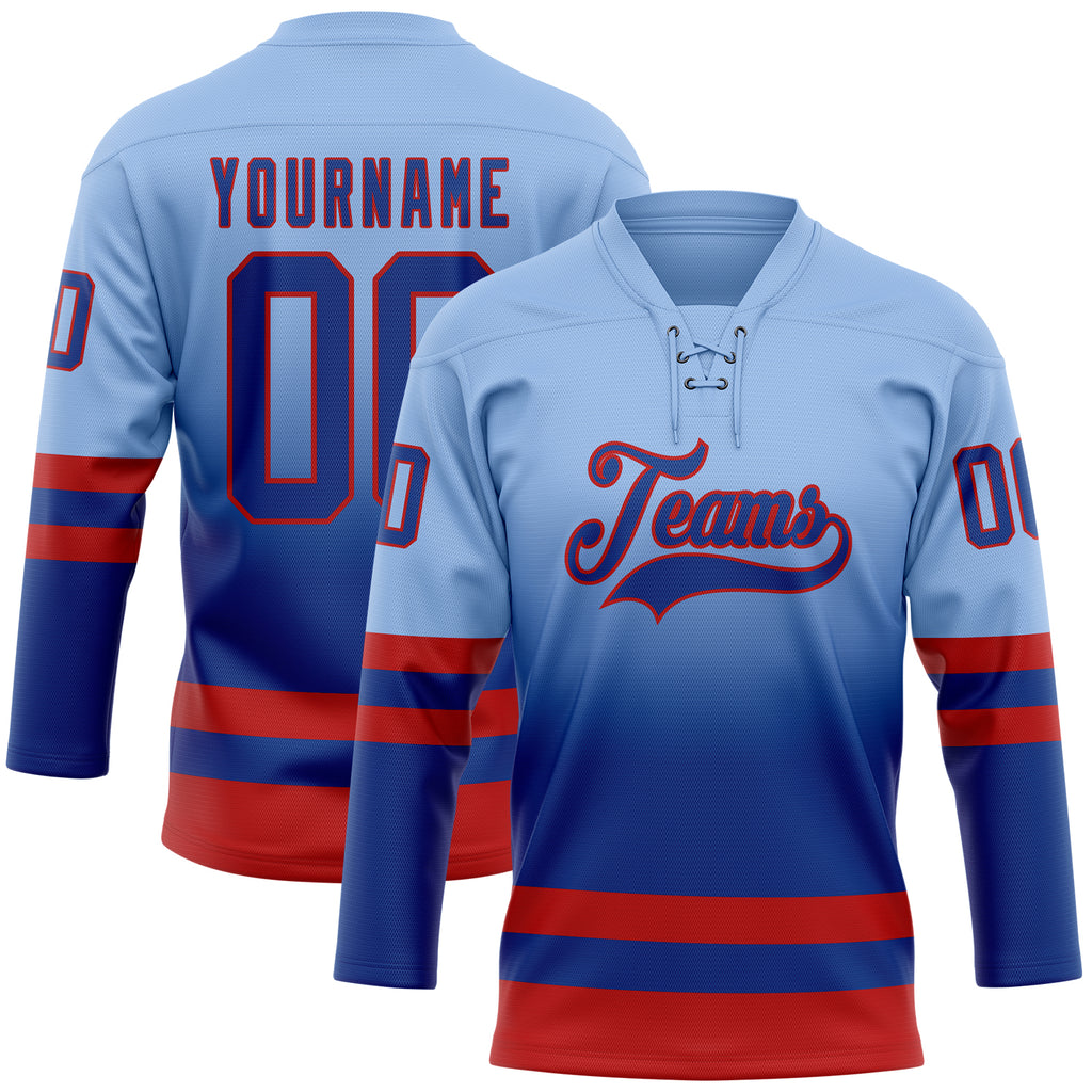 Custom Light Blue Royal-Red Fade Fashion Hockey Lace Neck Jersey
