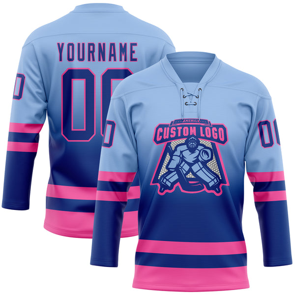 Custom Light Blue Royal-Pink Fade Fashion Hockey Lace Neck Jersey