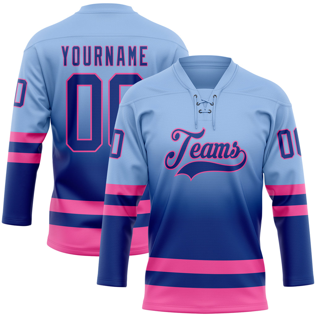Custom Light Blue Royal-Pink Fade Fashion Hockey Lace Neck Jersey