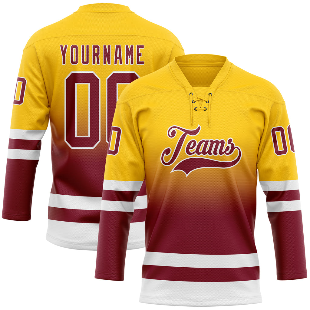 Custom Yellow Crimson-White Fade Fashion Hockey Lace Neck Jersey