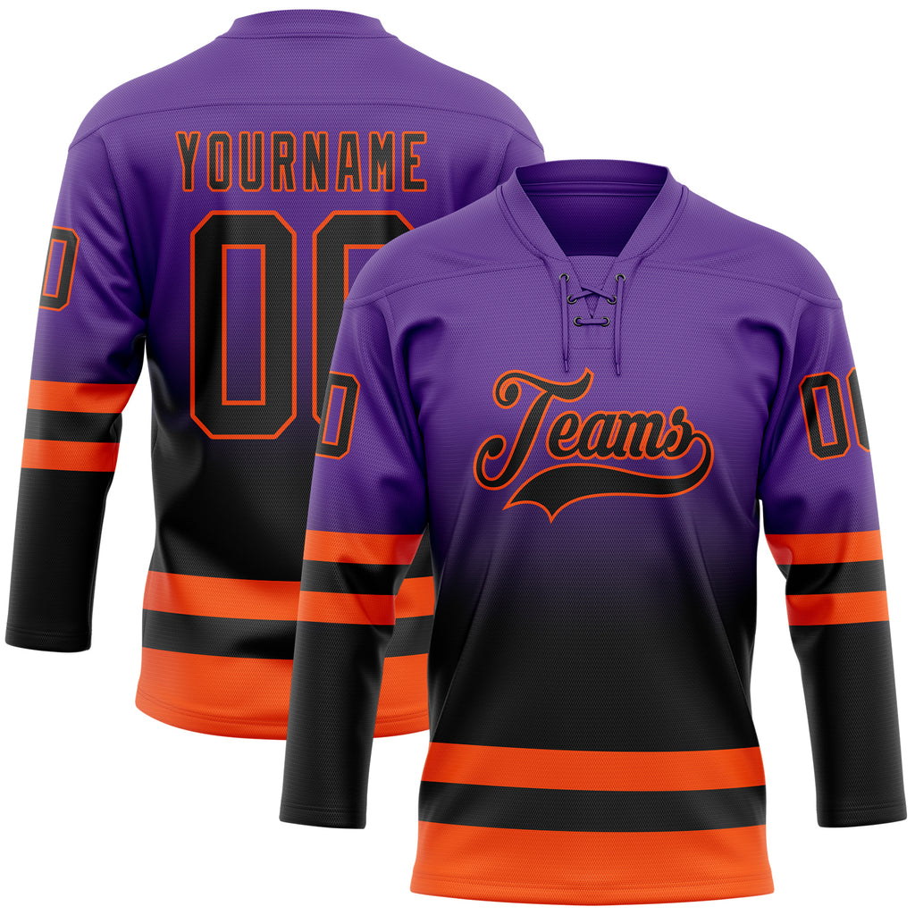 Custom Purple Black-Orange Fade Fashion Hockey Lace Neck Jersey