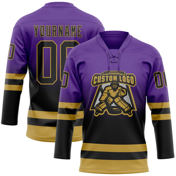Custom Purple Black-Old Gold Fade Fashion Hockey Lace Neck Jersey