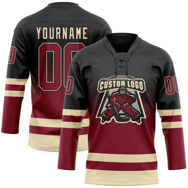 Custom Black Crimson-Cream Fade Fashion Hockey Lace Neck Jersey