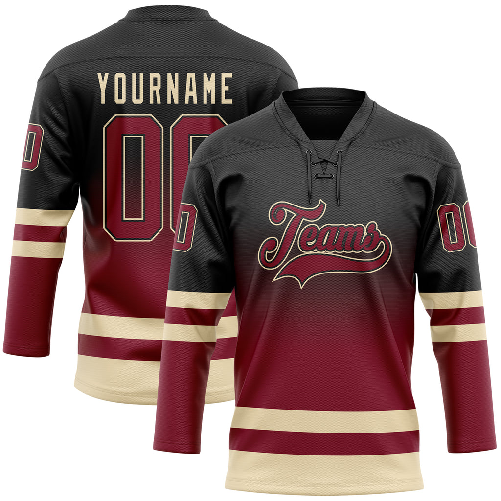 Custom Black Crimson-Cream Fade Fashion Hockey Lace Neck Jersey