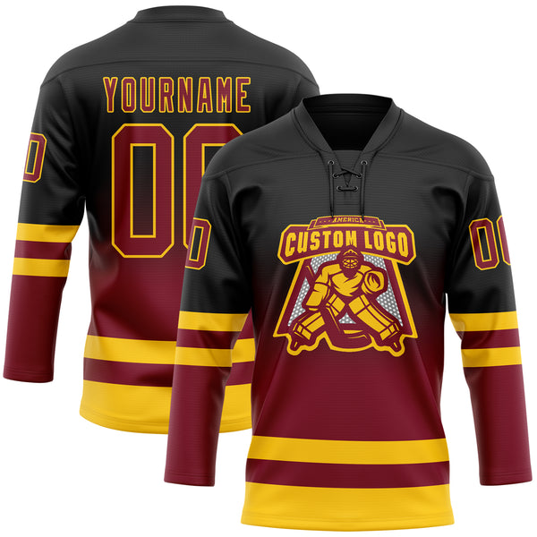 Custom Black Crimson-Yellow Fade Fashion Hockey Lace Neck Jersey