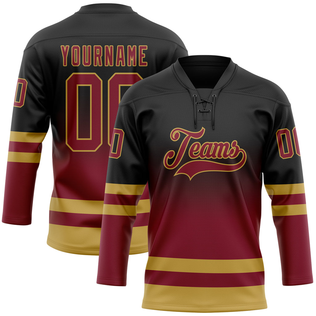 Custom Black Crimson-Old Gold Fade Fashion Hockey Lace Neck Jersey