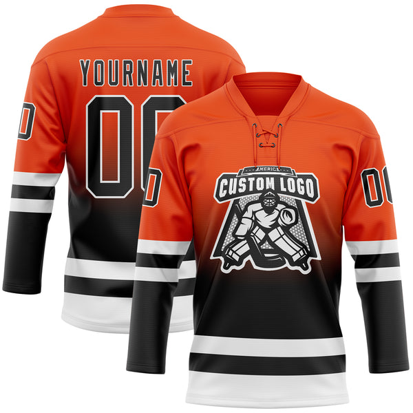 Custom Orange Black-White Fade Fashion Hockey Lace Neck Jersey