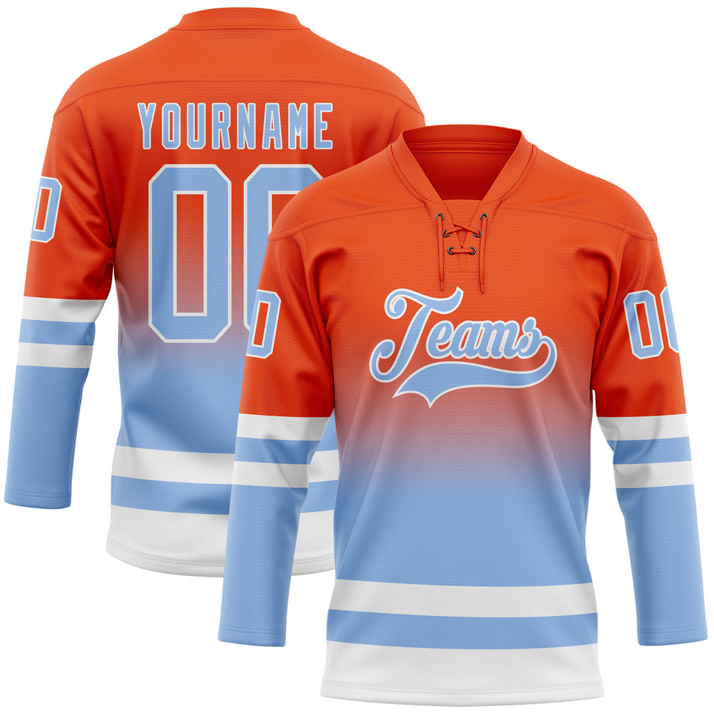 Custom Orange Light Blue-White Fade Fashion Hockey Lace Neck Jersey