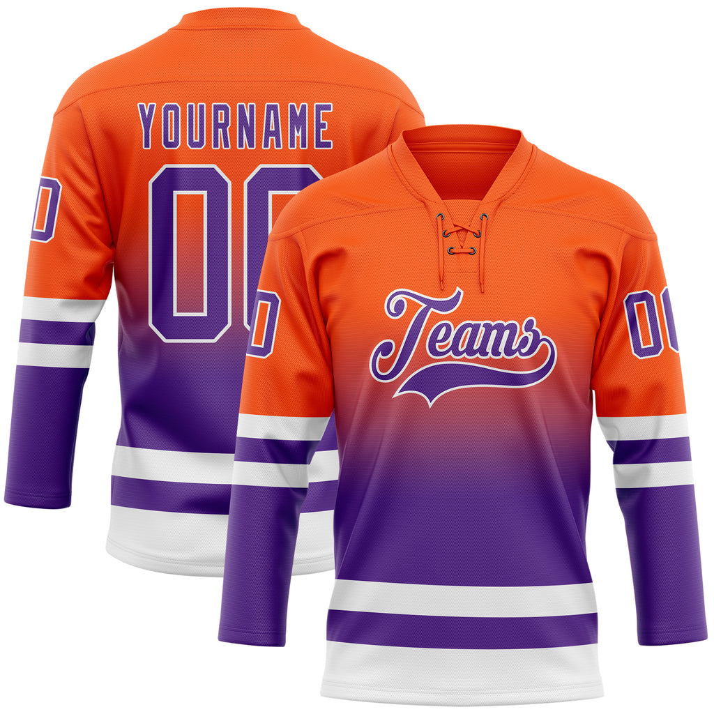 Custom Orange Purple-White Fade Fashion Hockey Lace Neck Jersey