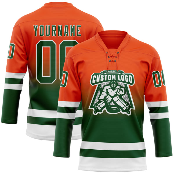Custom Orange Green-White Fade Fashion Hockey Lace Neck Jersey