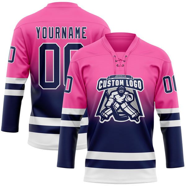 Custom Pink Navy-White Fade Fashion Hockey Lace Neck Jersey