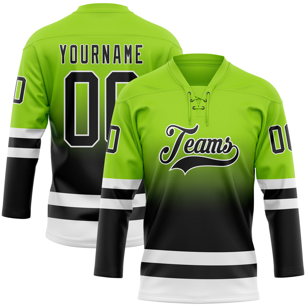 Custom Neon Green Black-White Fade Fashion Hockey Lace Neck Jersey