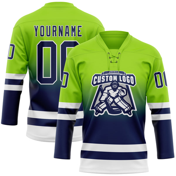 Custom Neon Green Navy-White Fade Fashion Hockey Lace Neck Jersey
