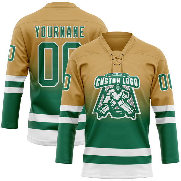 Custom Old Gold Kelly Green-White Fade Fashion Hockey Lace Neck Jersey