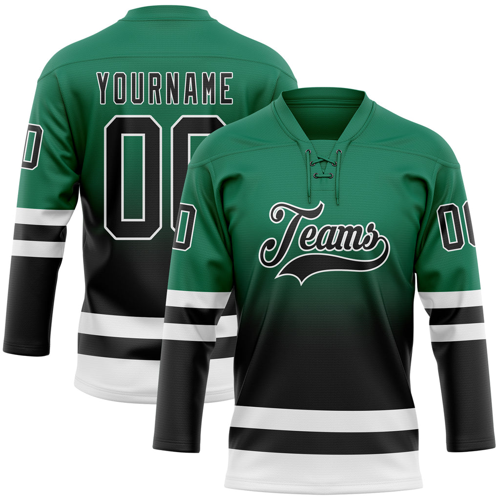 Custom Kelly Green Black-White Fade Fashion Hockey Lace Neck Jersey