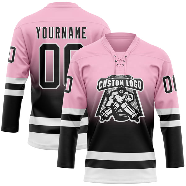 Custom Light Pink Black-White Fade Fashion Hockey Lace Neck Jersey