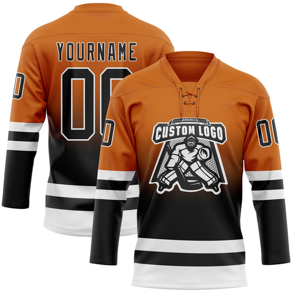 Custom Texas Orange Black-White Fade Fashion Hockey Lace Neck Jersey