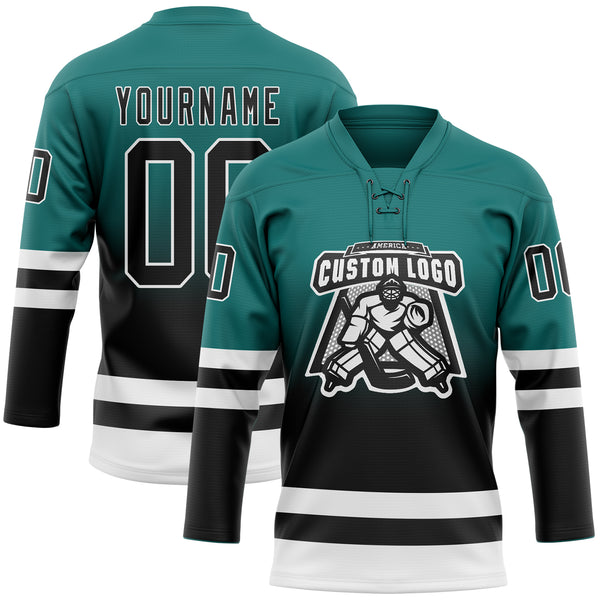 Custom Teal Black-White Fade Fashion Hockey Lace Neck Jersey