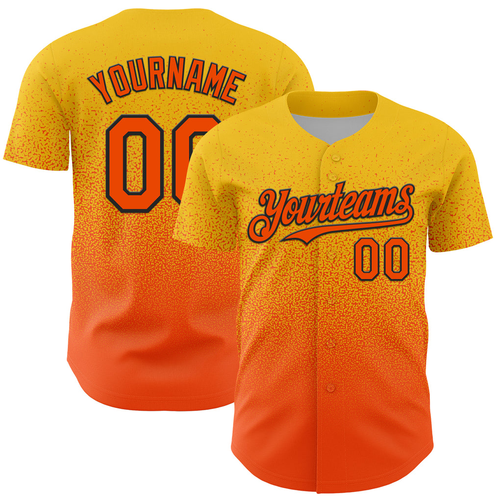 Custom Yellow Orange-Black Fade Fashion Speckle Authentic Baseball Jersey