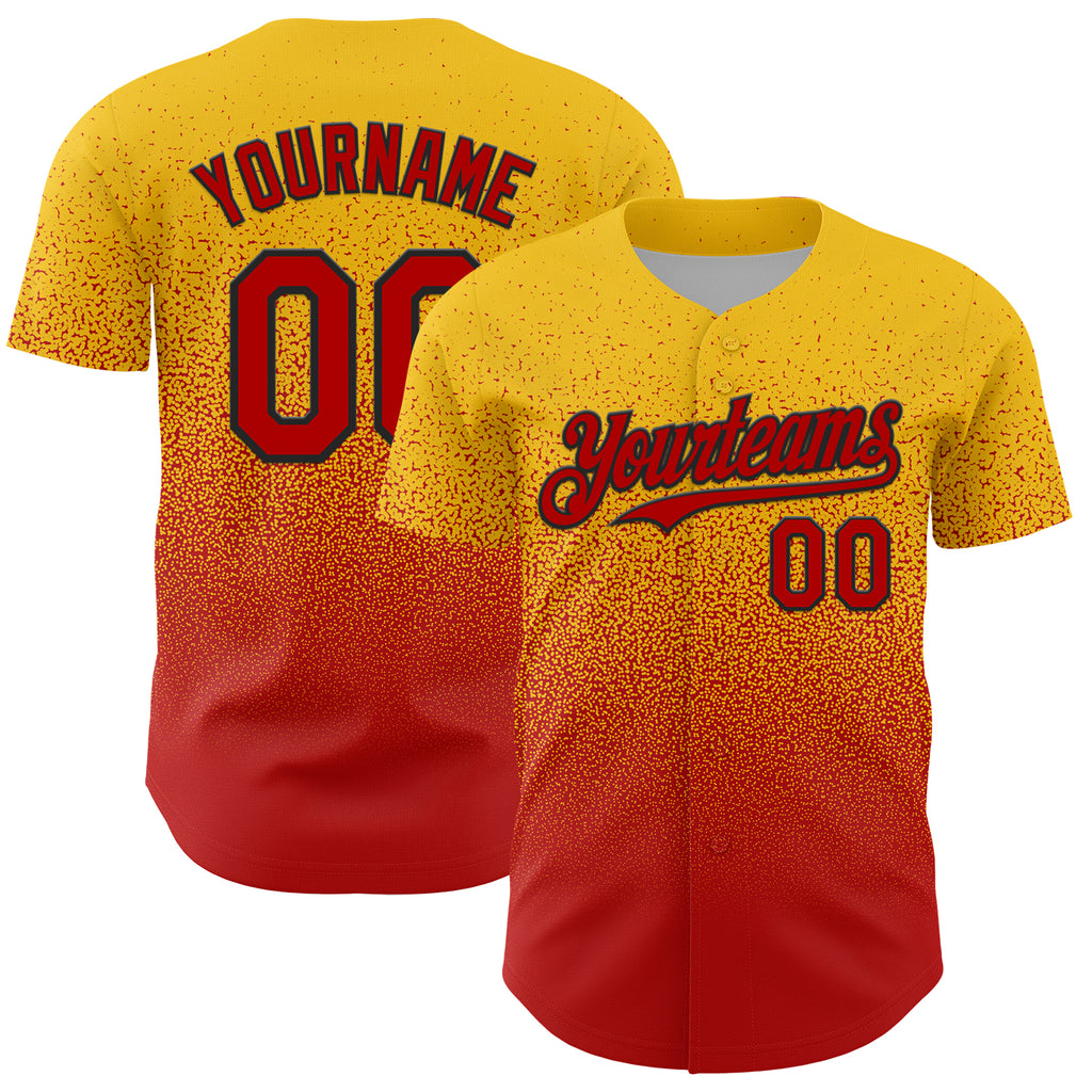 Custom Yellow Red-Black Fade Fashion Speckle Authentic Baseball Jersey
