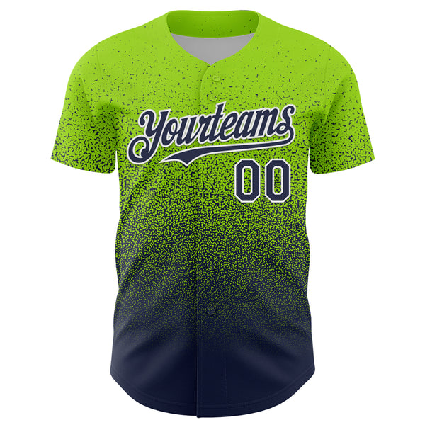 Custom Neon Green Navy-White Fade Fashion Speckle Authentic Baseball Jersey