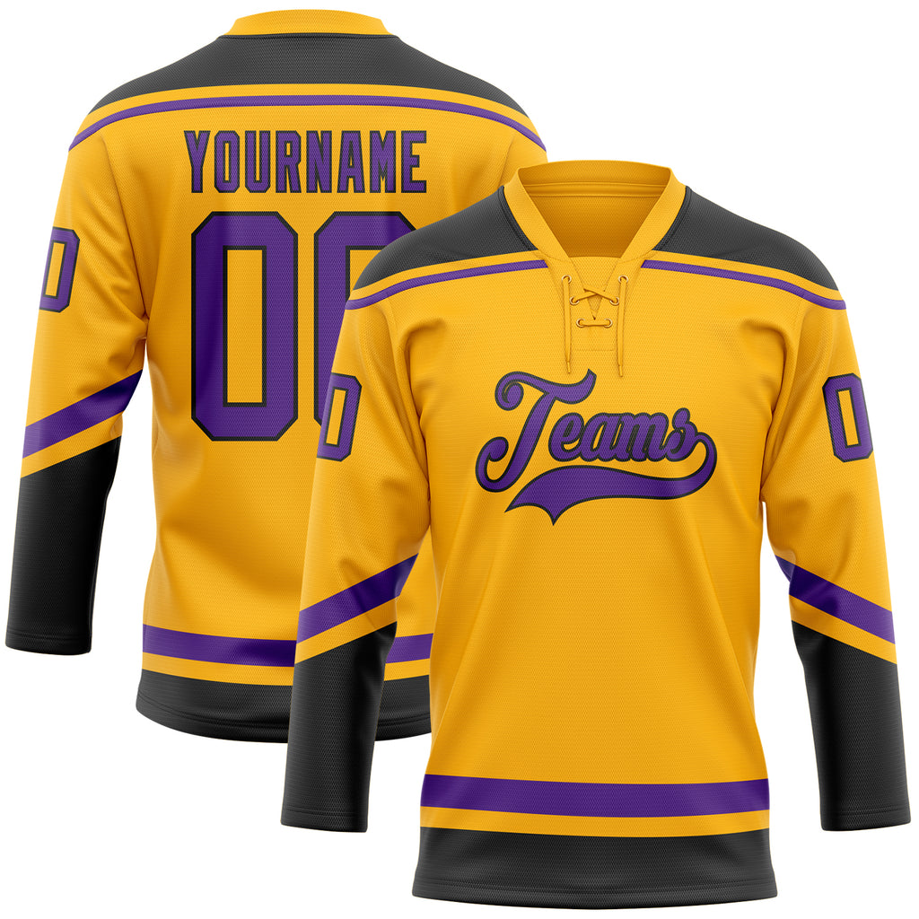 Custom Gold Purple-Black Hockey Lace Neck Jersey