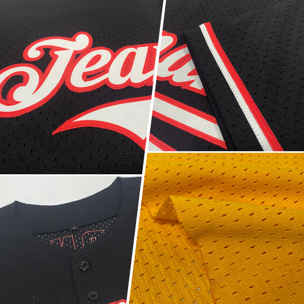 Custom Gold Red-Black Mesh Authentic Throwback Baseball Jersey